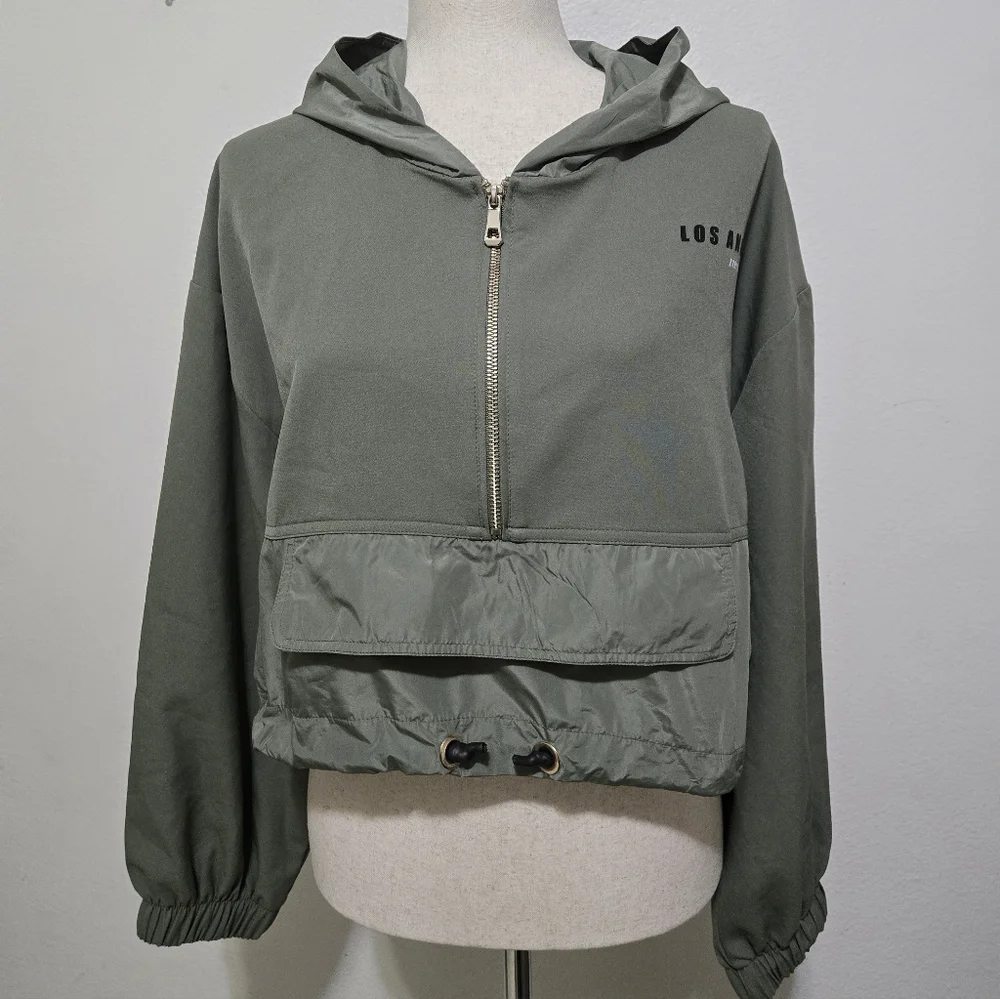 ZARA Olive Green Los Angeles Hoodie Half Zip Cropped Pullover Size Large - Picture 8 of 16